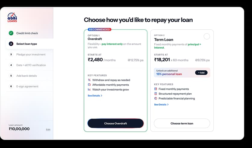 Desktop loan repayment comparison between overdraft and term loan options