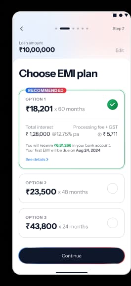 EMI plan selection with monthly instalments and loan summary details