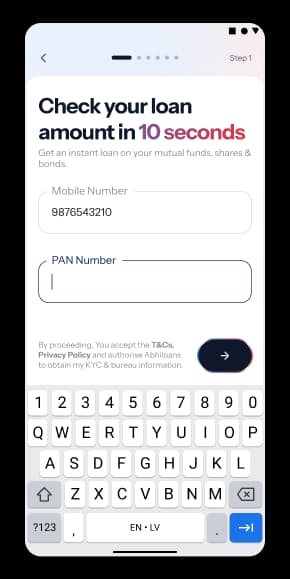 Loan eligibility screen with mobile number and PAN number fields