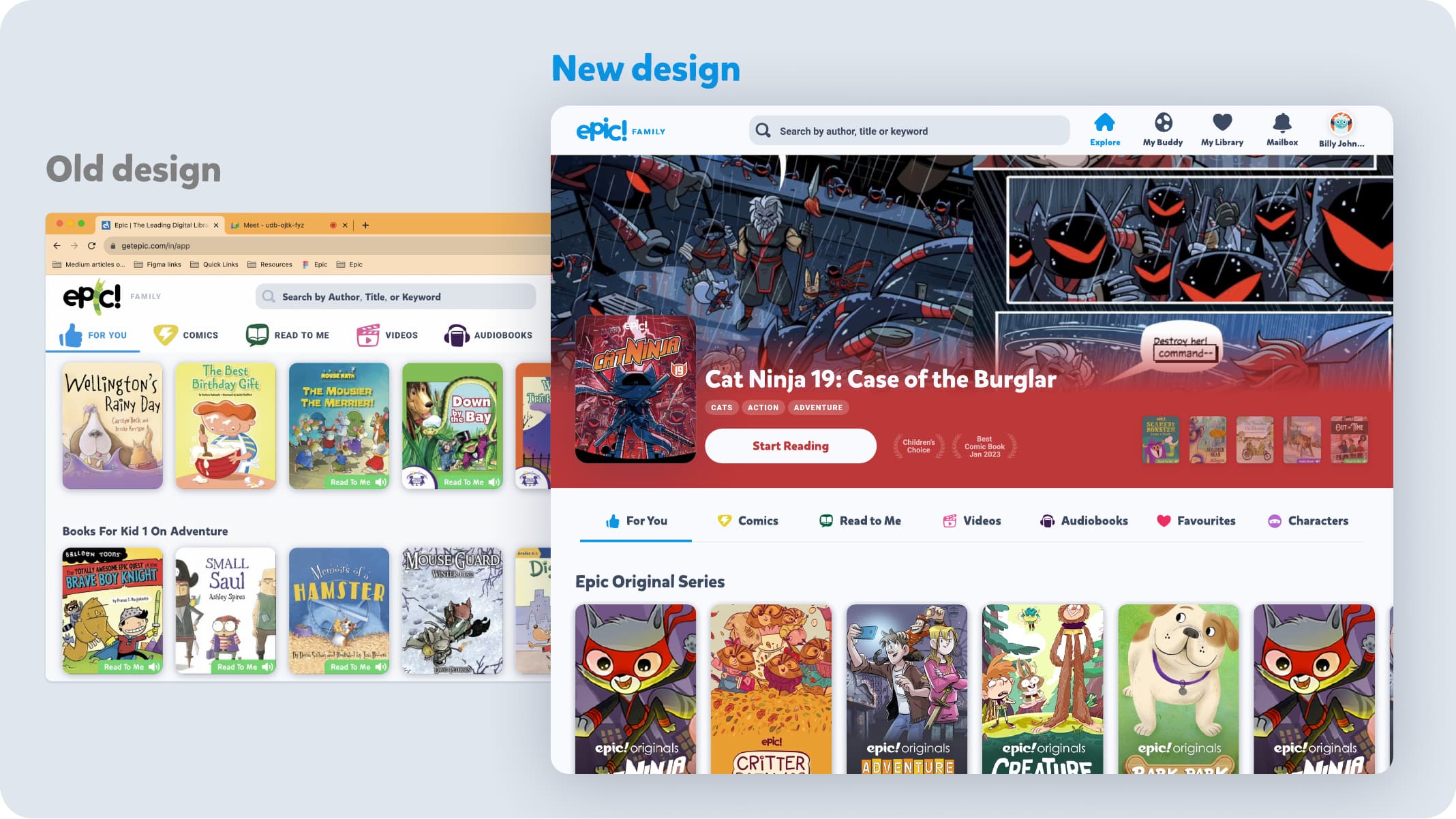 Epic Explore page: the old design compared with the redesigned discovery experience