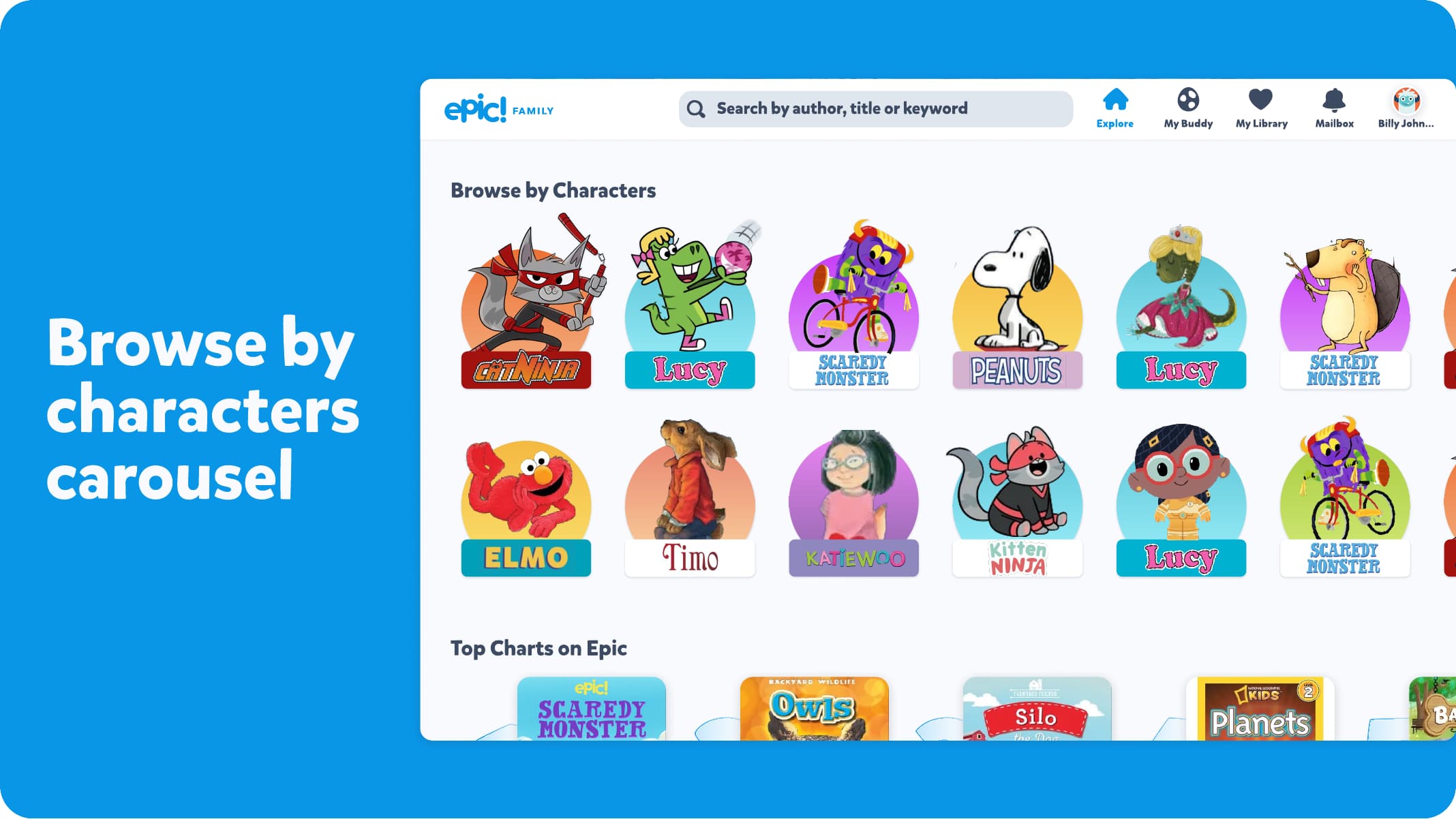 Browse by Characters carousel with familiar characters and top charts on Epic