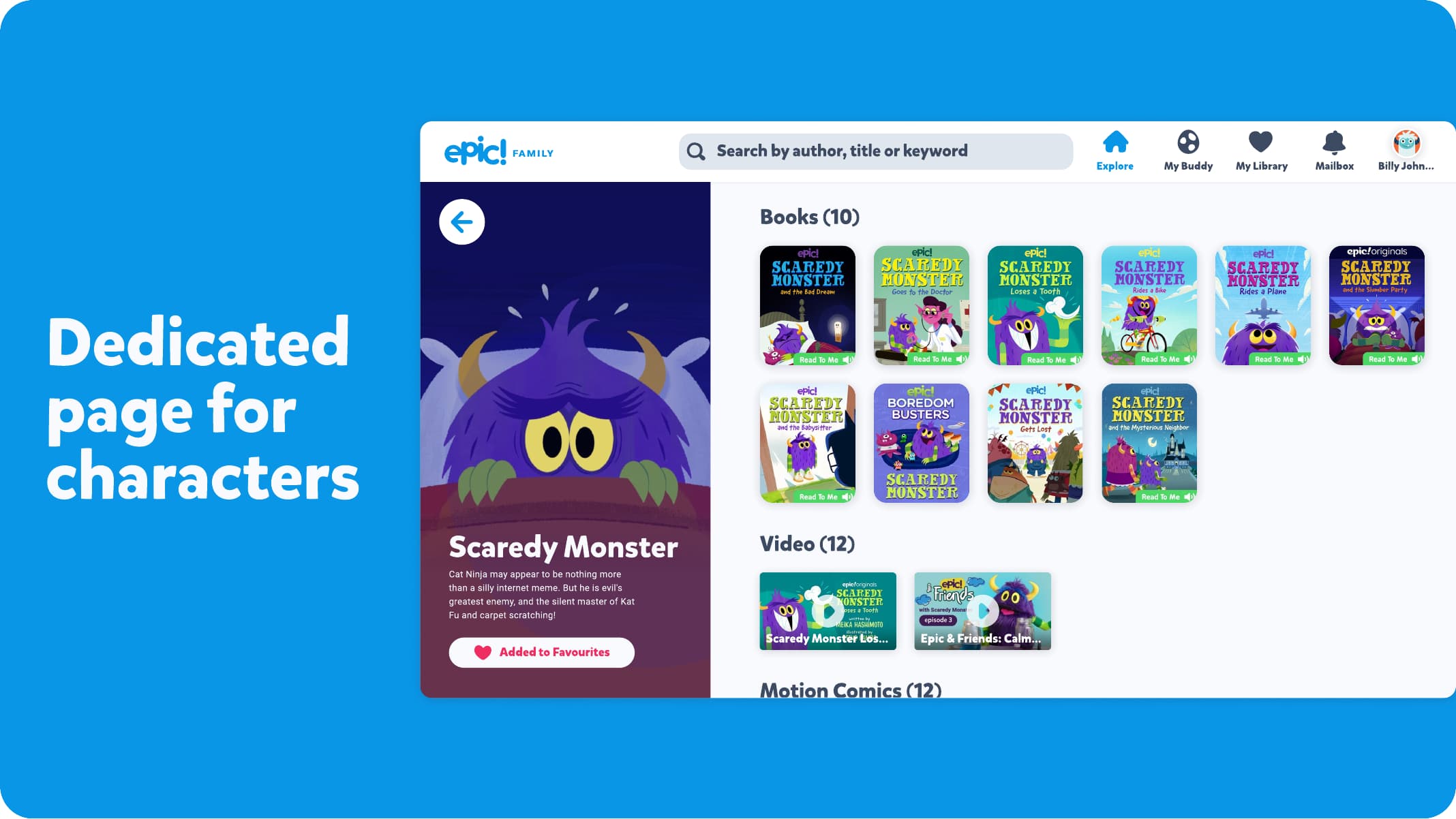 Dedicated Scaredy Monster character page showing related books and videos on Epic